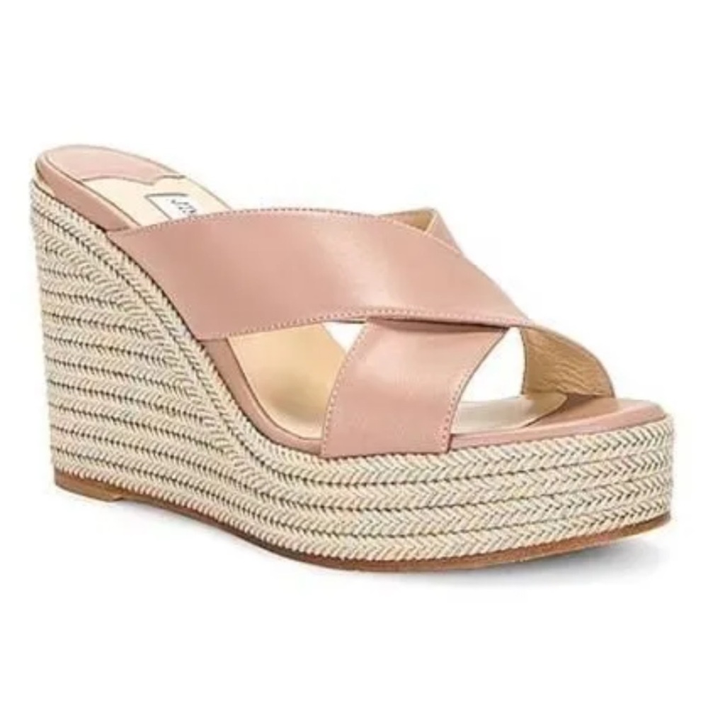 Jimmy Choo Dovina Pink Leather Metallic Espadrille Platform Wedge Sandals
